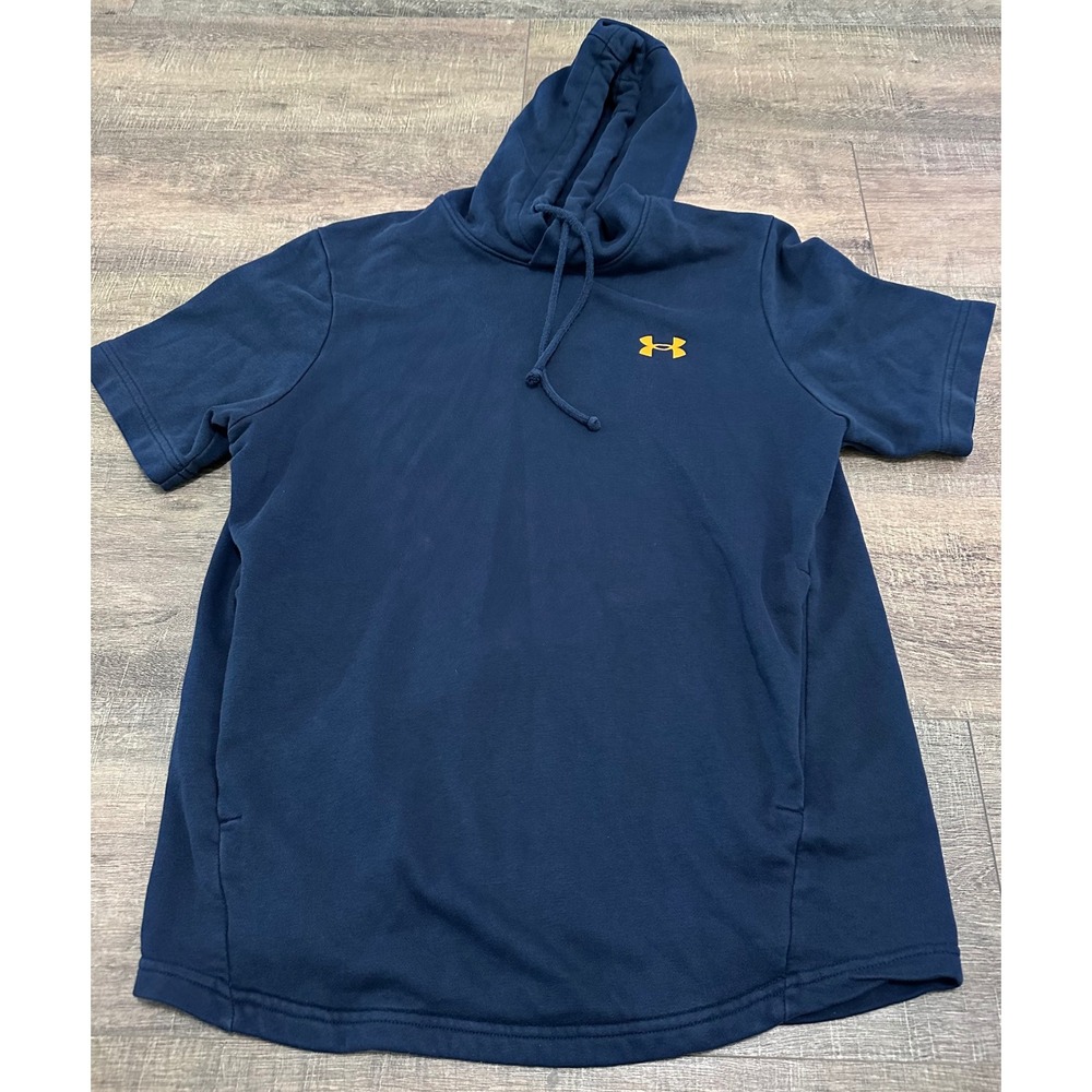 Under Armour Mens Navy Blue Short Sleeve Hoodie Sweatshirt Yellow Logo Pockets